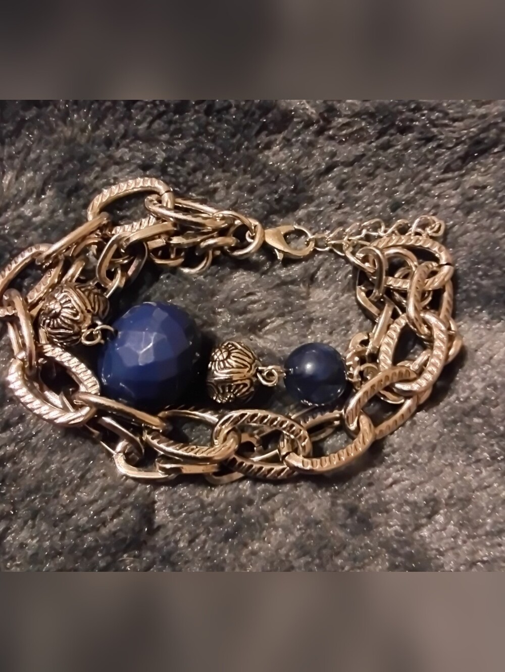 Silvertone Chain Bracelet with Navy Blue Beads